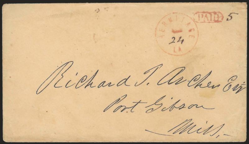 Hermitage La. - 24.> Red circular datestamp with month slug missing, matching Paid in oval and ms. 5 rate on cover to Port Gibson Miss., Very Fine, ex Walcott and Kohn