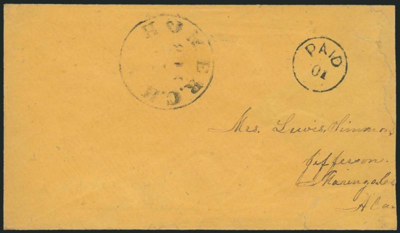 Homer C.H. La. Feb. 10.> Circular datestamp with matching Paid 10 in circle with numeral inverted on orange cover to Jefferson Ala., missing left flap and repaired along left edge, otherwise Fine