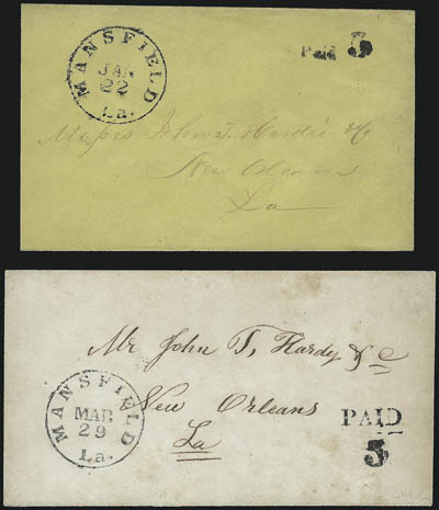 Mansfield La.> Two handstamped paid usages, first with Mansfield La. Jan. 22 circular datestamp and small Paid and 5 handstamps to New Orleans, second with Mansfield La. Mar. 29 circular datestamp and large
Paid and 5 handstamps to New Or