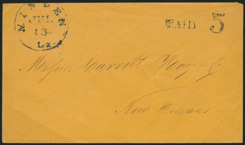 Minden La. Jul. 13.> Bold circular datestamp with matching Paid and 5 handstamps on orange cover to Carroll Hoy & Co. in New Orleans, usual small filing holes, Very Fine 1861 usage