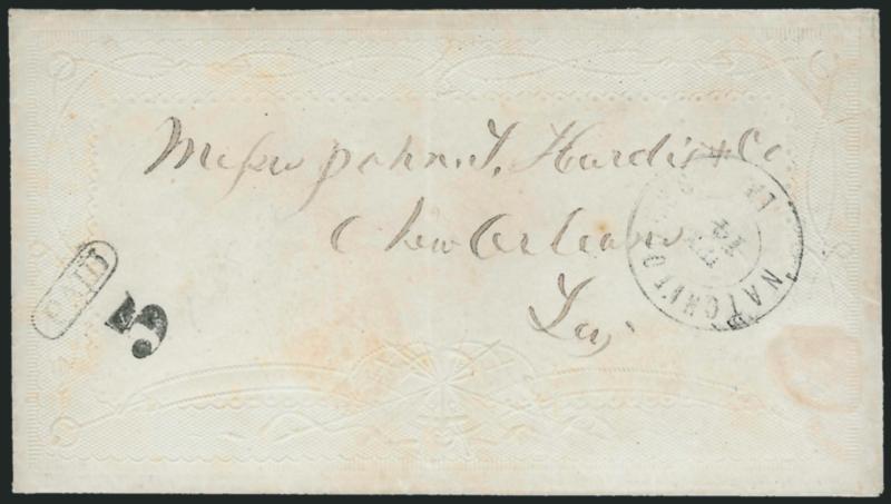 Natchitoches La. Jun. 14.> Neat double-circle datestamp with matching Paid in oval and 5 handstamps on embossed ladys cover to New Orleans, faint vertical file fold, few light toned spots, Very
Fine
