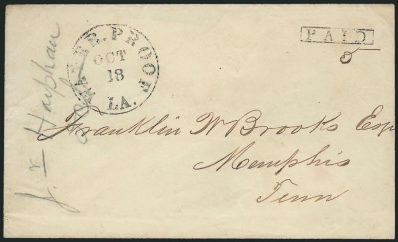 Tangapaho La. Oct. 18.> Bold strike of circular datestamp with matching Paid in rectangle and ms. 5 rate on cover to Memphis Tenn., slightly reduced at right, Very Fine, ex Bleuler
