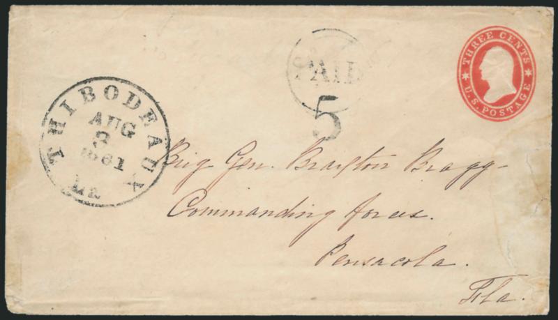Thibodeaux La. Aug. 3, 1861.> Clear strike of circular datestamp with matching Paid in circle and 5 handstamps on 3c Red Star Die entire to Brigadier General Bragg at Pensacola Fla., some edgewear incl. tear at
bottom right, still Very Fine, scar