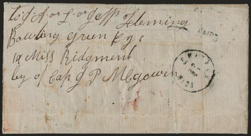 Quitman Miss. 27 Dec.> Circular datestamp with small Paid and 5 handstamps on homemade cover to military address at Bowling Green Ky., few file folds, Fine, scarce destination, ex Agre
