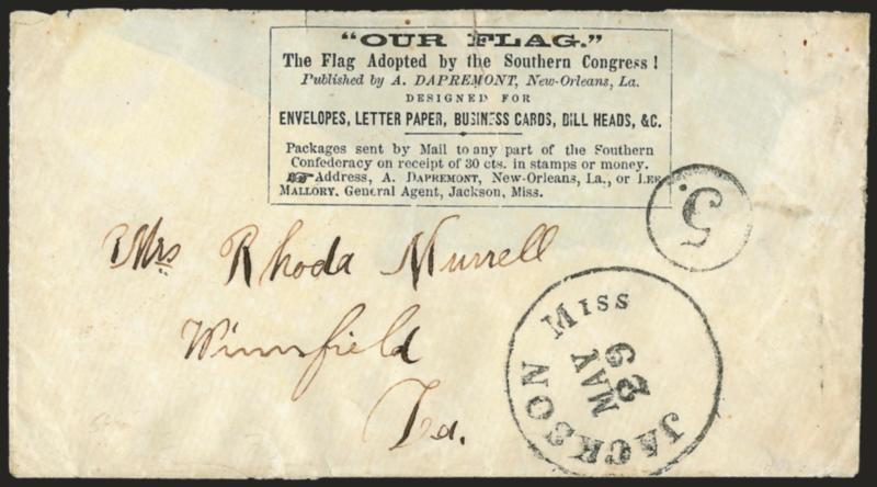 Jackson Miss. May 29.> Bold strike of circular datestamp with matching 5 in circle on cover to Winfield La., <Our Flag advertisement for envelopes and also package service,> missing top flap and part of right
flap, slight wear, still Very Fine, s