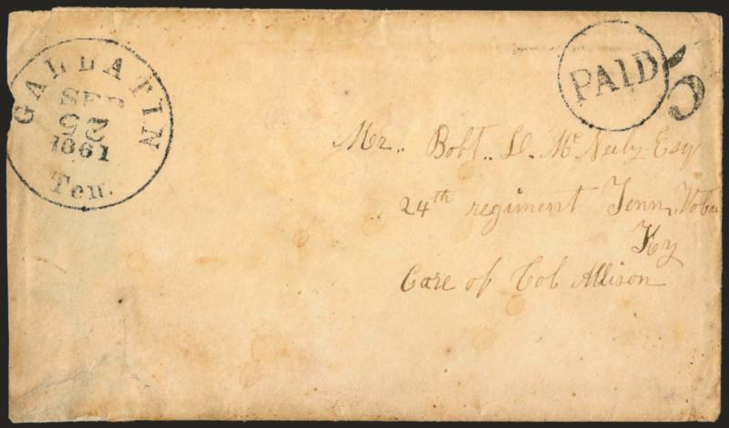 Gallatin Ten. Sep. 25, 1861.> Neat circular datestamp with day slug inverted, neat Paid in circle and 5 handstamps on cover to military address in Ky., slightly reduced at left and small repairs at left,
otherwise Very Fine, ex Agre