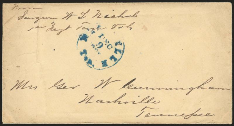 Nashville Ten. Dec. 9, 1861.> Blue circular datestamp on unrated local cover, minor wear, Very Fine, scarce