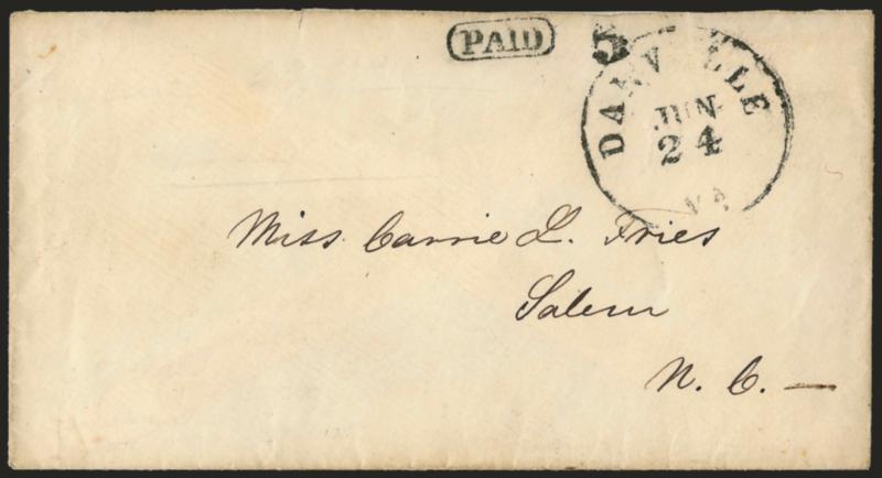 Danville Va. Jun. 24.> Circular datestamp with Paid in oval and 5 handstamps on cover to Salem N.C., fresh and Fine, ex Agre