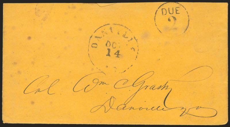 Danville Va. Oct. 14.> Circular datestamp and <Due 2> in circle on local orange cover, 2 strengthened in pencil, slightly reduced at top and missing top flap, minor age spots, Fine, the only recorded use of the
Danville Due 2 marking, ex Wisema