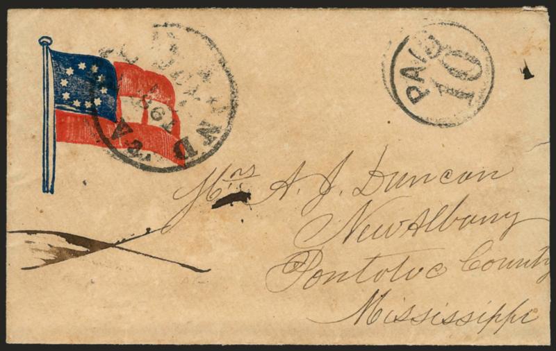 Richmond Va. Jul. 12, 1861.> Light strike of circular datestamp with matching Paid 10 in circle on red and blue <10-Star Confederate Flag Patriotic> cover to New Albany Miss., with original contents (split at
folds), barely reduced at right, some f