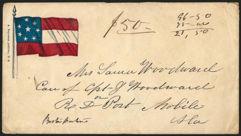 8-Star Confederate Flag Patriotic.> Dapremont imprint, addressed to Mobile Ala., Very Fine, likely carried outside of the mails, accompanied by small cloth Confederate flag