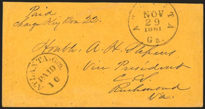 Atlanta Ga., 10c Black entire (6XU6).> Clear strike, with Atlanta Ga. Nov. 29, 1861 circular datestamp on orange cover to Alexander Stephens in Richmond Va., usual docketing on backflap, Very Fine, with 1981
P.F. and 1992 C.S.A. certificates