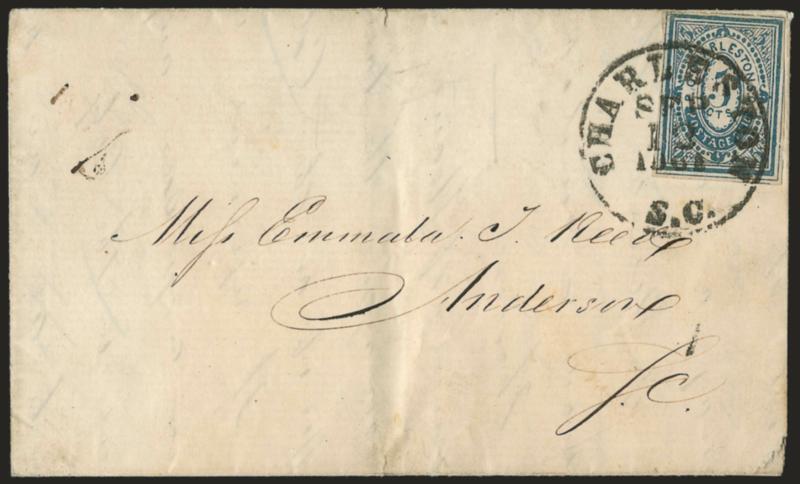 Charleston S.C., 5c Blue (16X1).> Large margins to just touched, tied by well-struck Charleston S.C. Sep. 13, 1861 circular datestamp on folded letter to Anderson S.C., stamp with tiny corner crease at top left
not mentioned on accompanying certifi