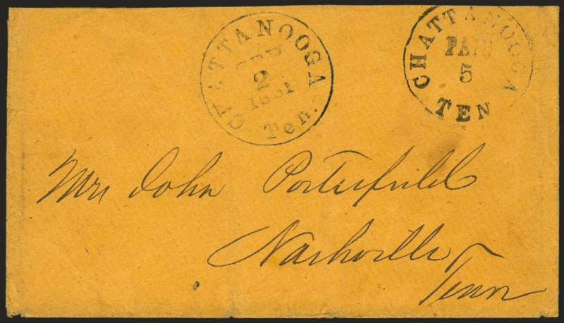 Chattanooga Tenn., 5c Black entire (17XU2).> Clearly struck provisional handstamp on orange cover to Nashville Tenn., neat Chattanooga Ten. Sep. 2, 1861 circular datestamp, minor edgewear, Very Fine, scarce,
only five are recorded in Crown (not inc