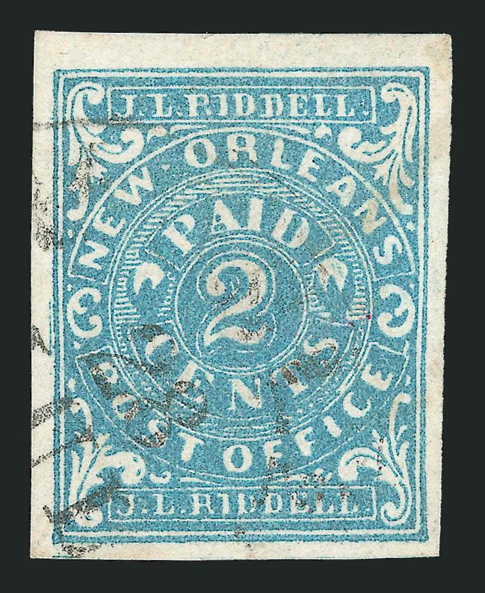 New Orleans La., 2c Blue (62X1).> Large and even margins, bright color, light strike of town datestamp and lightened diagonal manuscript cancel at upper right, Extremely Fine appearance, with 1991 C.S.A. and
2008 P.F. certificates