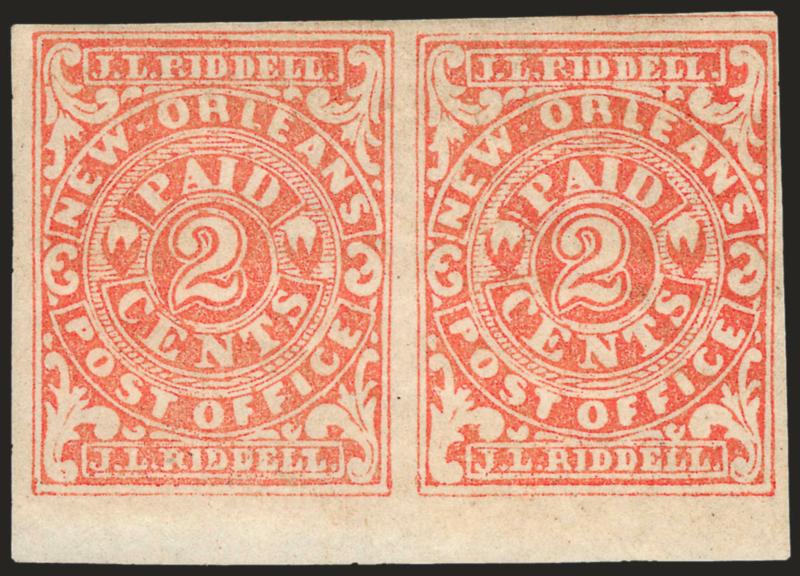 New Orleans La., 2c Red (62X2).> Positions 37-38, horizontal pair, original gum, large margins to clear incl. <sheet margin at bottom,> brilliant color, Very Fine and choice, with 2008 P.F. certificate