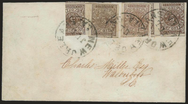 New Orleans La., 5c Brown on White (62X3).> Four singles, two light shades flanked by two darker shades, three with mostly large margins, stamp at right cut with reckless abandon, tied by three strikes of New
Orleans La. Jul. (1861) circular datest
