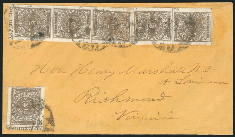 New Orleans La., 5c Brown on White (62X3).> Vertical strip of three, pair and single, Positions 41220, 1911 and 3, respectively, single and top stamp in strip show <part imprint,> tied by New Orleans La. 19
Jun. (1861) circular datestamps on buf