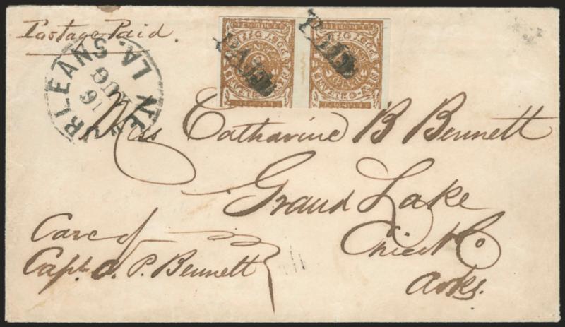 New Orleans La., 5c Ocher (62X3b).> Horizontal pair, three full to large margin, slightly in at top, tied by Paid cancels, New Orleans La. 16 Aug. (1861) circular datestamp on cover to Grand Lake Ark., senders
notations <<Postage Paid>> and <<
