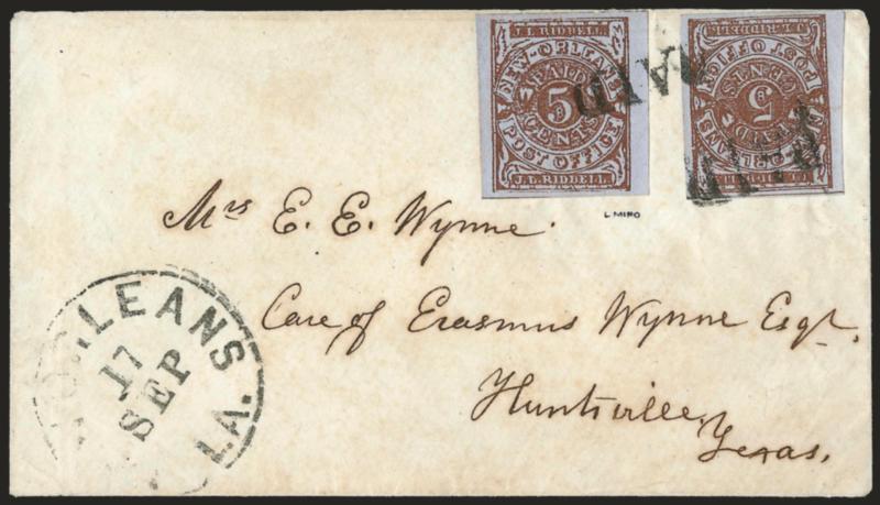 New Orleans La., 5c Red Brown on Bluish (62X4).> Two, large margins to full, tied by Paid handstamps, New Orleans La. 17 Sep. circular datestamp on cover to Huntsville Tex., Very Fine, scarce usage to Texas,
Miro handstamp below left stamp