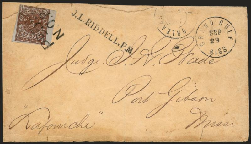 New Orleans La., 5c Red Brown on Bluish (62X4).> Large margins to cut in deeply at top, tied by partly clear strike of <^PD 5 CTSN.O.P.O.^ two-line provisional handstamp> with <^J. L. RIDDELL, P.M.^
straightline> and part strike of New Orleans <
