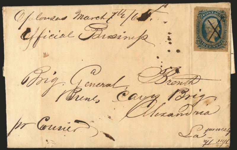 10c Dark Blue, Die A, Keatinge & Ball (11b K&B).> Large margins to touched, usual brown gum toning, ms. X cancel, ms. <<Opelousas March 7th65 Official Business>> on folded letter from a Reverend Raymond to
Brig. Gen. Joseph L. Brent in Alexandri