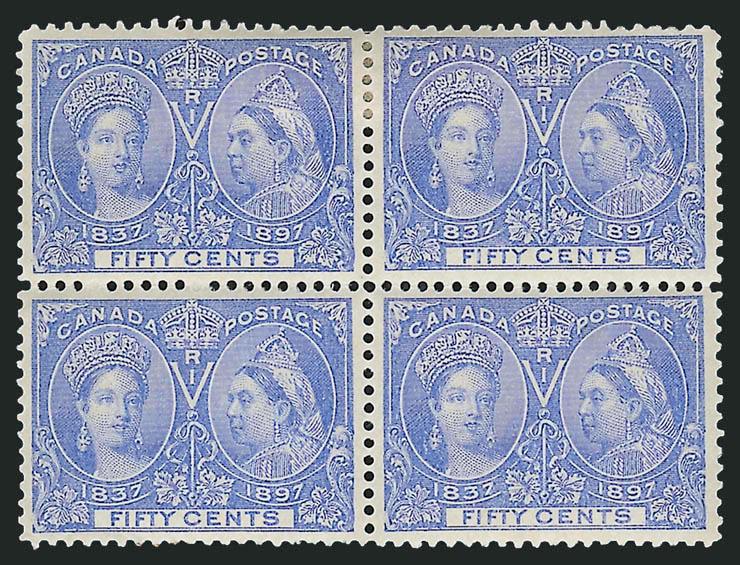 CANADA, 1897, 50c Jubilee (60).> Original gum block of four, top pair h.r., bottom pair Mint N.H., very pretty Light Ultramarine shade, handsomely centered, Very Fine