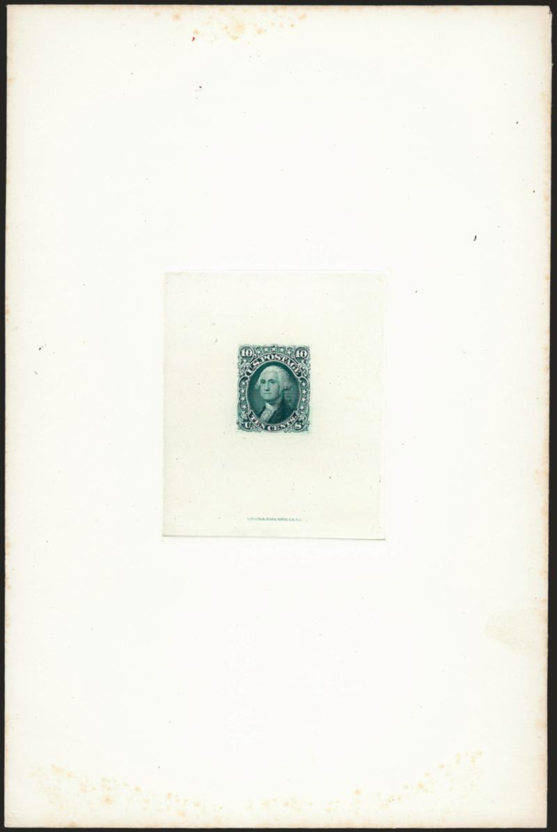 10c Dark Green, Large Die Proof on India (68P1).> Die sunk on 6 x 9 in. card, National Bank Note Co. N.Y. imprint at bottom, some light toning confined to the extreme card edges, otherwise Extremely
Fine