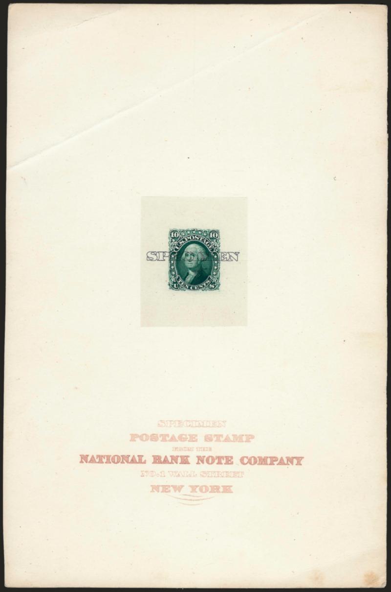 10c Dark Green, Large Die Proof on India, Specimen Ovpt. (68P1).> Die sunk on 6 x 9 in. card, National Bank Note Co. imprint, diagonal card crease far above proof, otherwise Extremely Fine, handsome example of
a salesmans sample despite the crease