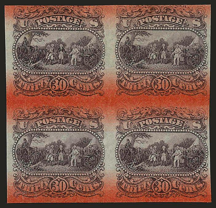 30c Dull Red Violet, Burgoyne Plate Essay on Bond, Red Bands (121-E1s).> Block of four, Very Fine