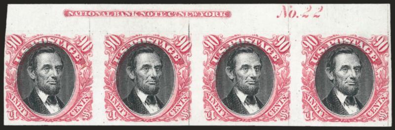 90c Carmine & Black, Plate Proof on India (122P3).> Top imprint and plate no. 22 strip of four, three ample to huge margins, trifle close at left, Fine-Very Fine, attractive position piece