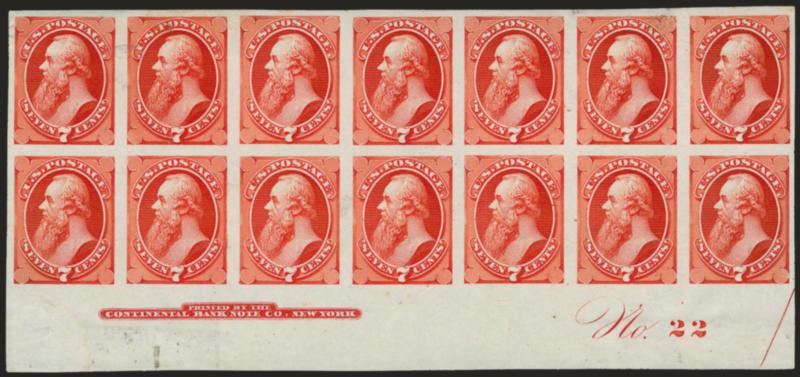 7c Orange Vermilion, Plate Proof on India (160P3).> Bottom imprint and plate no. 22 block of fourteen, some India paper hinging translucencies not mentioned on accompanying certificate which does mention faint
thins on top left stamp, otherwise Extre