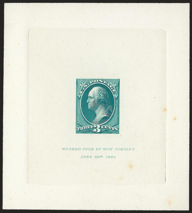 3c Green, Large Die Trial Color Proof on India (214TC1).> Die sunk on 3-38 x 3-34 in. card, Worked Over By New Company June 29th 1881 imprint, couple tiny insignificant pinpoint toning specks far from design,
otherwise Extremely Fine