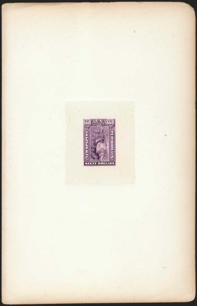 2c-$60.00 1875 Newspaper, Large Die Proofs on India (PR9P1-PR32P1).> Die sunk on 5-34 x 9 in. gilt-edge cards from a presentation book, $12.00 and $36.00 with Continental Bank Note Co. imprints, 2c and a couple
others light edge soiling far from pro