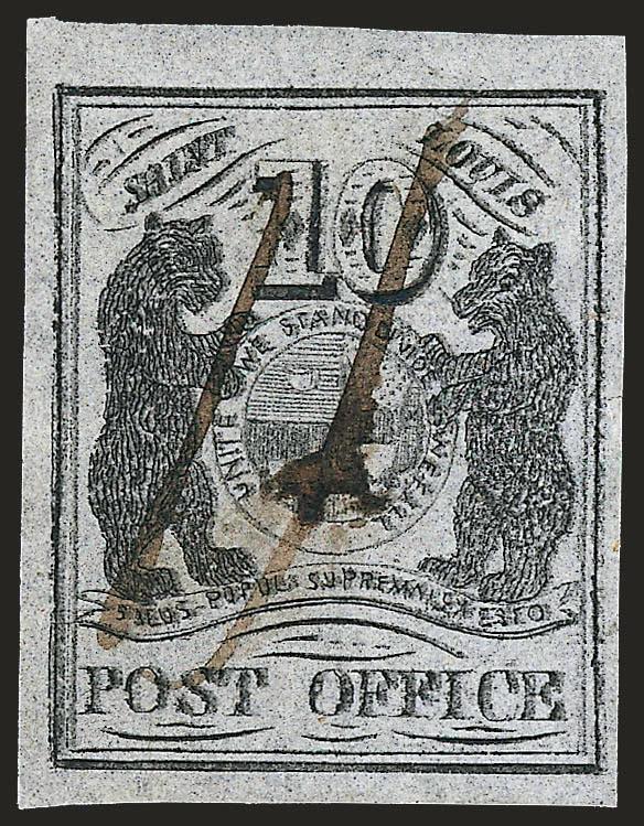 St. Louis Mo., 10c Black on Gray Lilac (11X5).> Type II, Position 4, large even margins, two neat penstroke cancels, <distinctive slip print> showing doubling of portions of the design, tiny margin tear at
right is really insignificant<><>^EXTREMEL