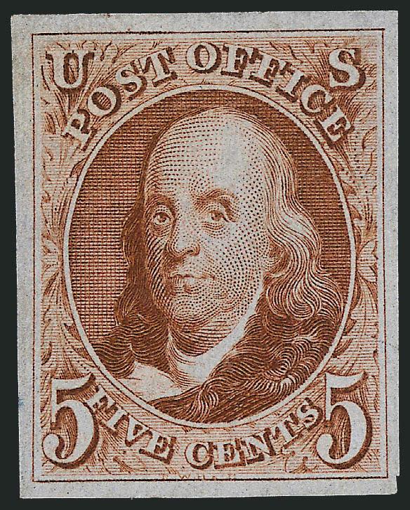 5c Red Brown, Reproduction (3).> Without gum as issued, large to huge margins, bright color and clear impression, Extremely Fine Gem, with 2008 P.S.E. certificate (XF-Superb 95 SMQ $1,550.00)