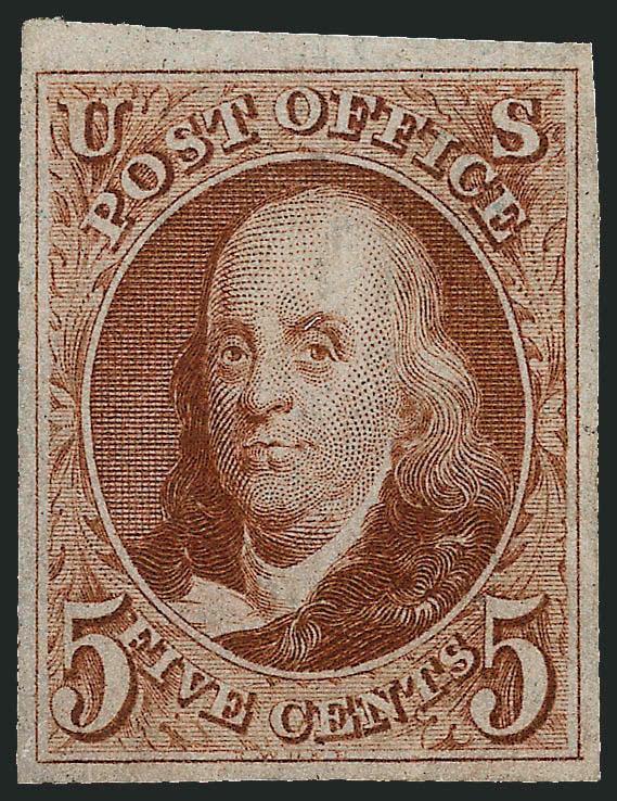 5c Red Brown, Reproduction (3).> Without gum as issued, large margins all around, bright color, Very Fine and choice, with 2008 P.S.E. certificate (VF-XF 85 SMQ $890.00)