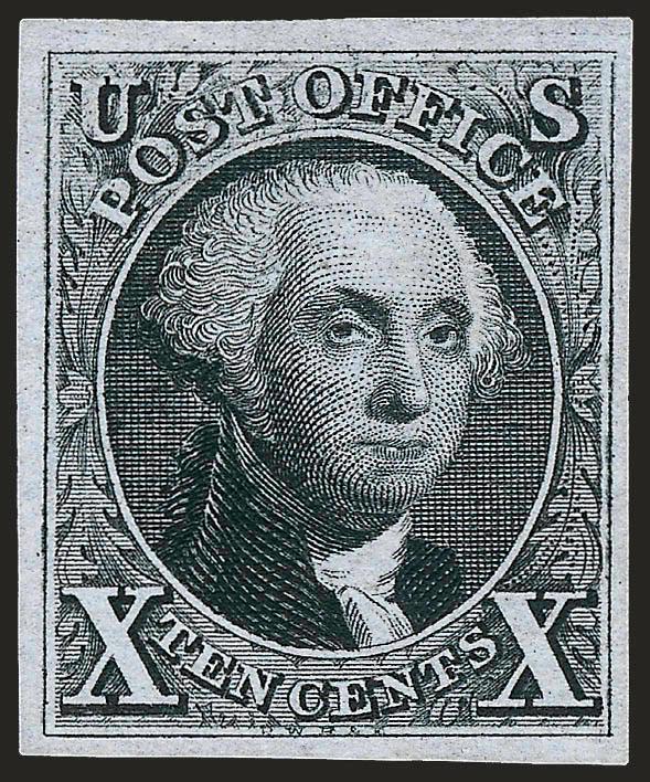 10c Black, Reproduction (4).> Without gum as issued, large margins all around, crisp impression, Very Fine and choice, with 1989 and 2008 P.F. certificates (VF-XF 85 SMQ $1,200.00)