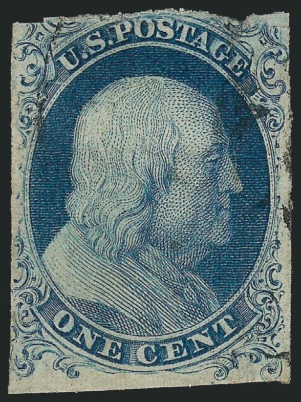 1c Blue, Ty. Ia (6).> Plate 4, three ample to large margins, slightly in at top, exceptionally light, almost face-free cancel, couple scoring lines at extreme top, couple creases<><>^FINE APPEARANCE. AN
ACCEPTABLE EXAMPLE OF THIS RARE 1851 ONE-CE