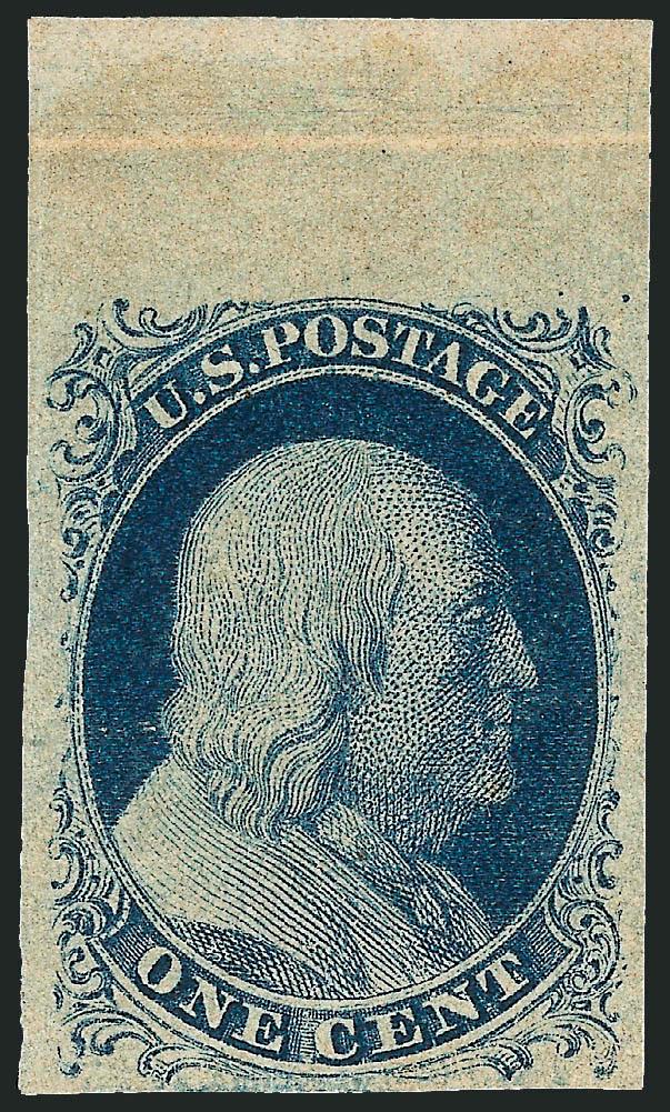 1c Blue, Ty. II (7). Mint N.H.,> large to huge margins all around incl. <sheet margin at top,> deep rich color and proof-like impression from Plate 2<><>^EXTREMELY FINE GEM. A SUPERB MINT NEVER-HINGED EXAMPLE
OF THE 1851 IMPERFORATE ONE-CENT TYPE I