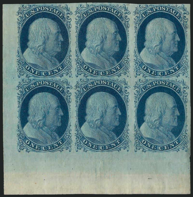 1c Blue, Ty. II (7).> Positions 81-8391-93R2, block of six with <bottom left corner margins showing surface plate cracks at bottom,> clearly apparent beneath 92R, ample to large other two sides, patchy
disturbed original gum, excellent impression,