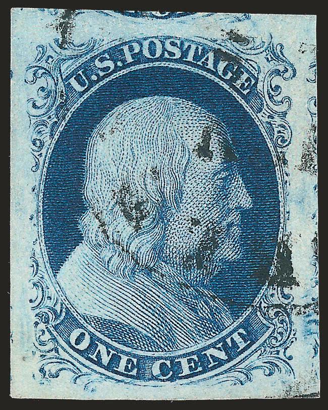1c Blue, Ty. III (8).> Plate 4, huge Jumbo margins showing bits of adjoining stamps top and right and trace at left, magnificent deep shade typical of Plate 4 printings, lightly struck circular
datestamp<><>^EXTREMELY FINE GEM. AN ABSOLUTELY BREATH