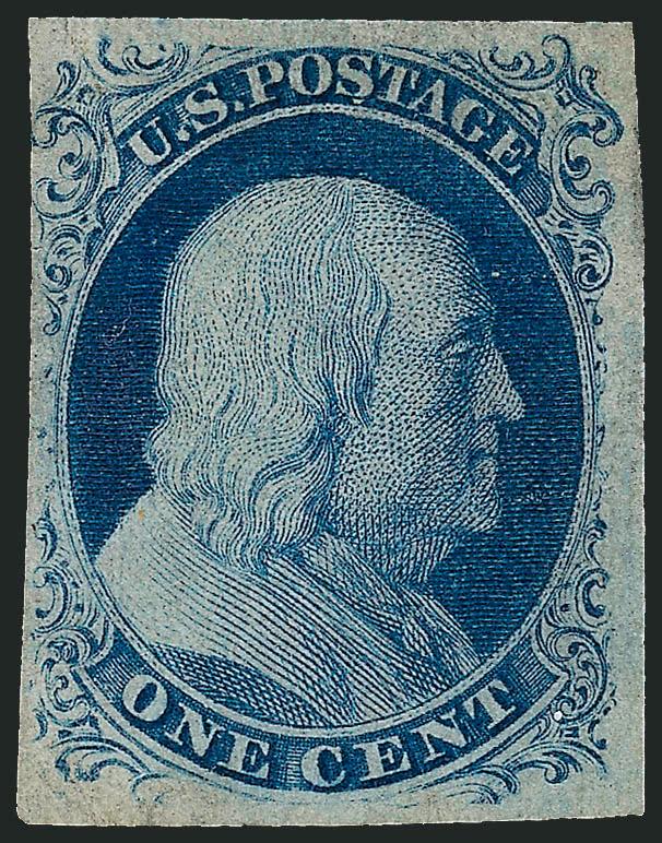 1c Blue, Ty. IIIa (8A).> Plate 4, unused (no gum), three exceptionally large margins, essentially ample to clear at left, rich color and clear impression, small thin spot at top, Very Fine appearance, a scarce
stamp, with 2008 P.S.E. certificate