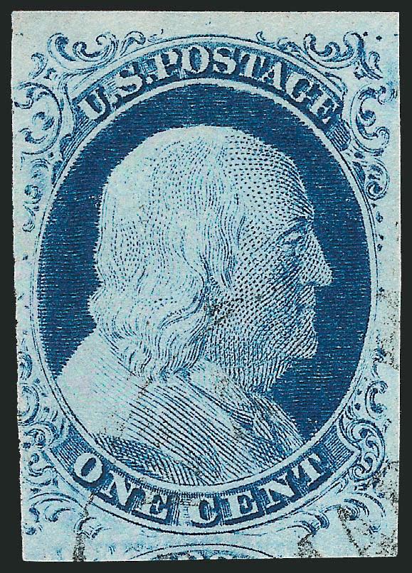1c Blue, Ty. IV (9).> Position 9R1L, <the recut version of Type Ib on Plate 1 Early,> ample to huge margins, beautiful deep color and face-free cancel, Very Fine and choice, this Type IV stamp shows the
complete design at top, in its earlier state it