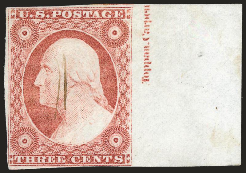 3c Orange Red, Ty. II (11A).> Pos. 70R5L, huge <right sheet margin with Toppan, Carpen(ter) portion of imprint,> clear to large margins on other sides, lovely color, small delicate ms. cancel, Very Fine, scarce
position single