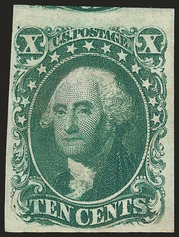 10c Green, Ty. II (14).> Original gum, lightly hinged, three large to huge margins incl. part of adjoining stamp at top, ample at left, deep rich color<><>^VERY FINE AND CHOICE ORIGINAL-GUM EXAMPLE OF THE
IMPERFORATE 1855 10-CENT TYPE II.^<><>Ex