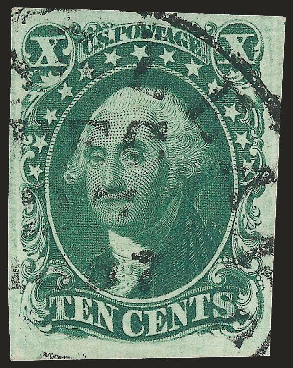 10c Green, Ty. II (14).> Large margins to full at top, wonderful deep rich color, neat circular datestamp, Very Fine and choice, with 2002 P.F. certificate