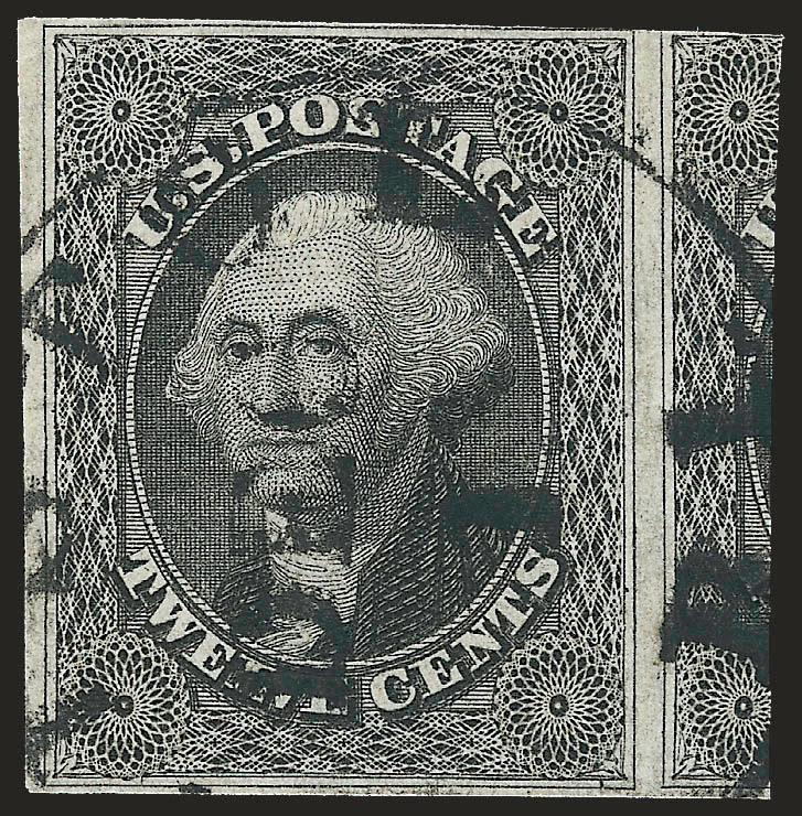 12c Black (17).> Position 25R1, three just clear to large margins, huge at right showing large part of 26R, bold Bristol R.I. circular datestamp, Very Fine