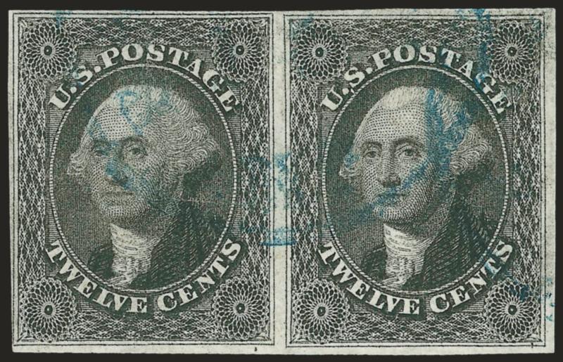 12c Black (17).> Horizontal pair, large margins to clear, intense color, <blue circular datestamp,> Very Fine and choice, with 2004 P.F. certificate