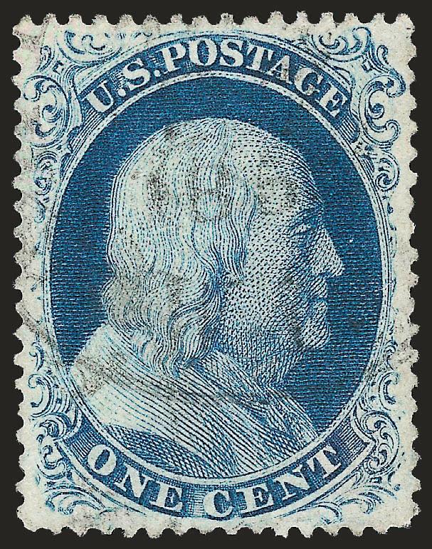 1c Blue, Ty. III (21).> Plate 4, choice centering, intense color and impression on bright paper, long and full perforations all around, light strike of circular datestamp<><>^EXTREMELY FINE GEM. A SUPERB USED
EXAMPLE OF THE 1857 ONE-CENT TYPE III,